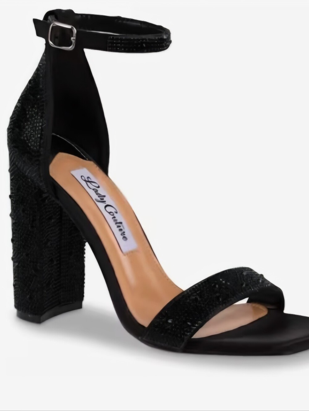 Lady Couture Black Glitter Block Heel Sandals with Ankle Strap